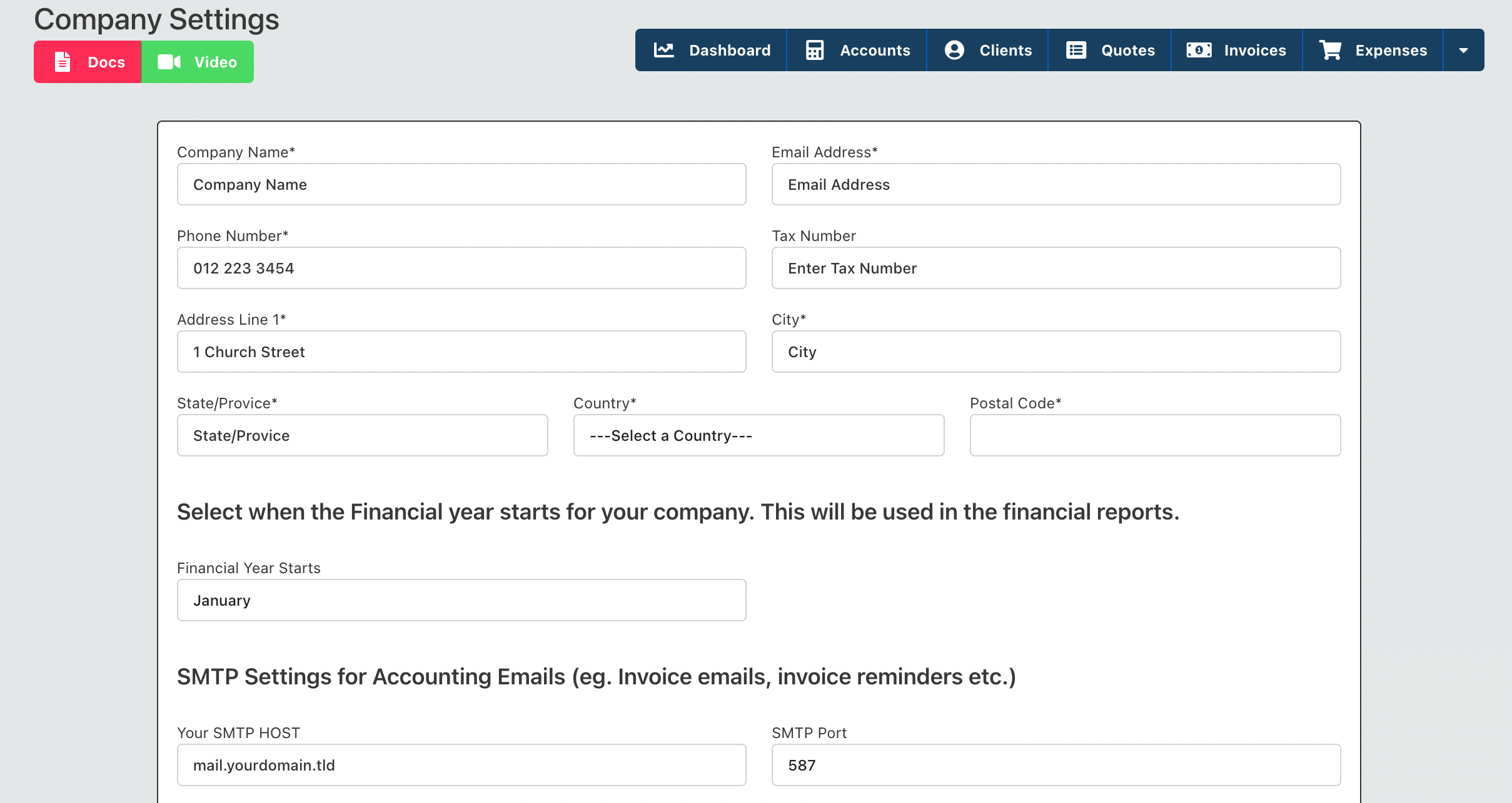 Accounting Software Settings