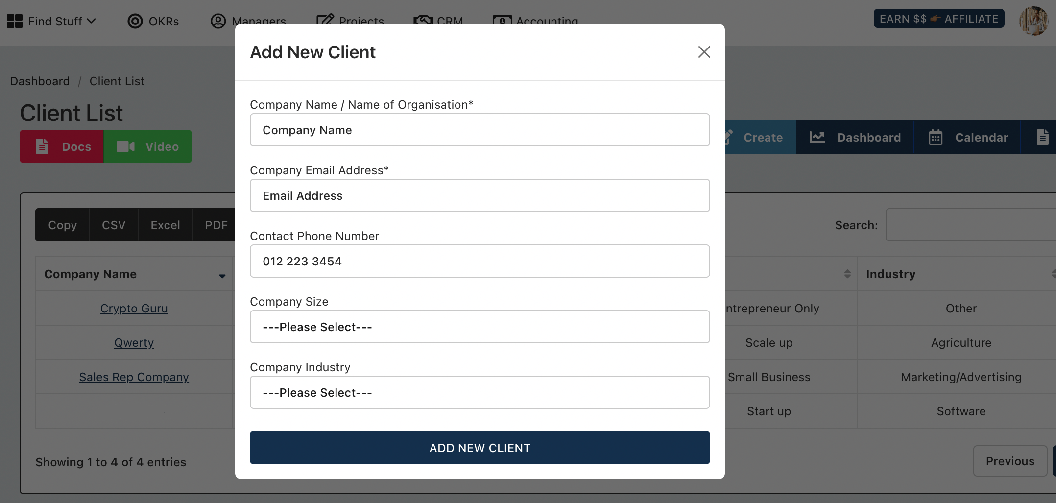 Accounting App Add New Client