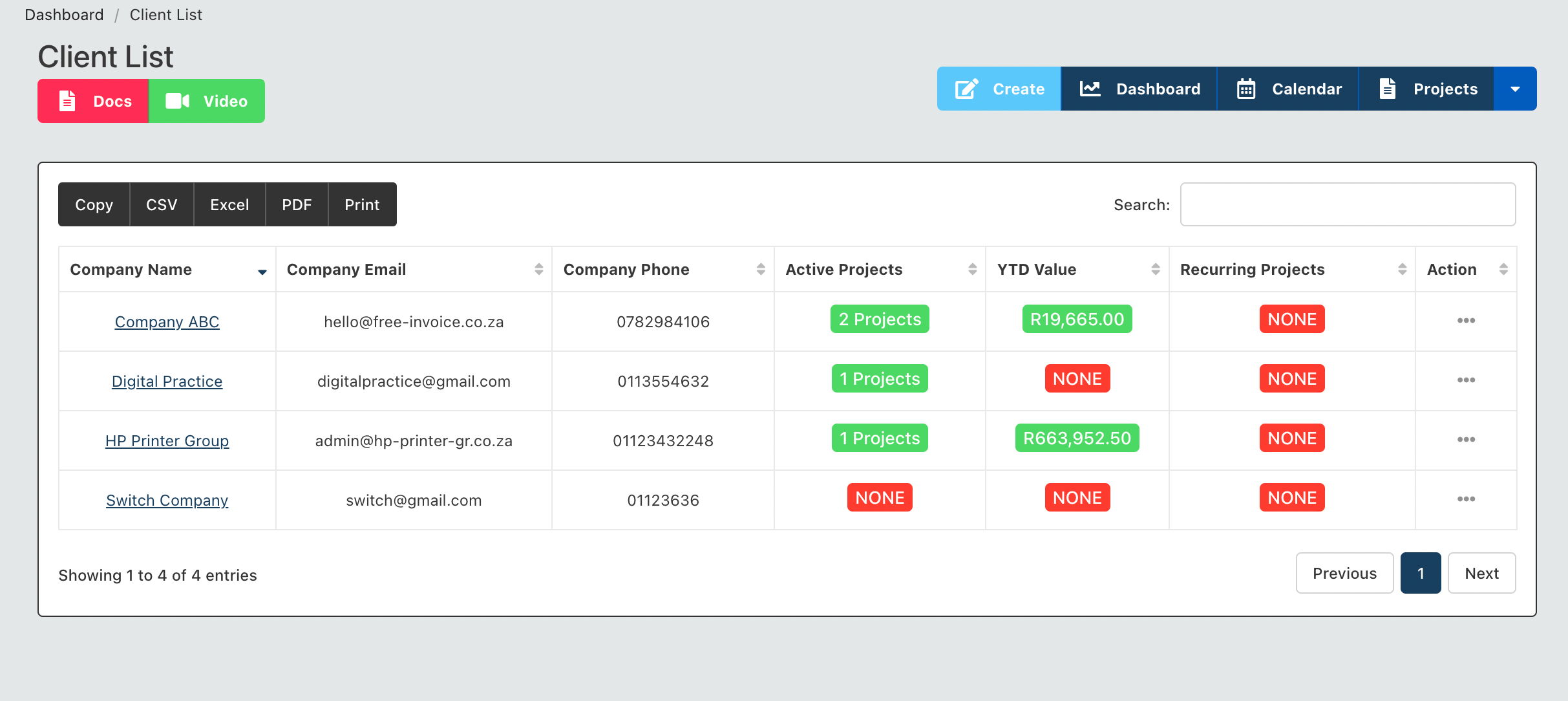 Project Client List