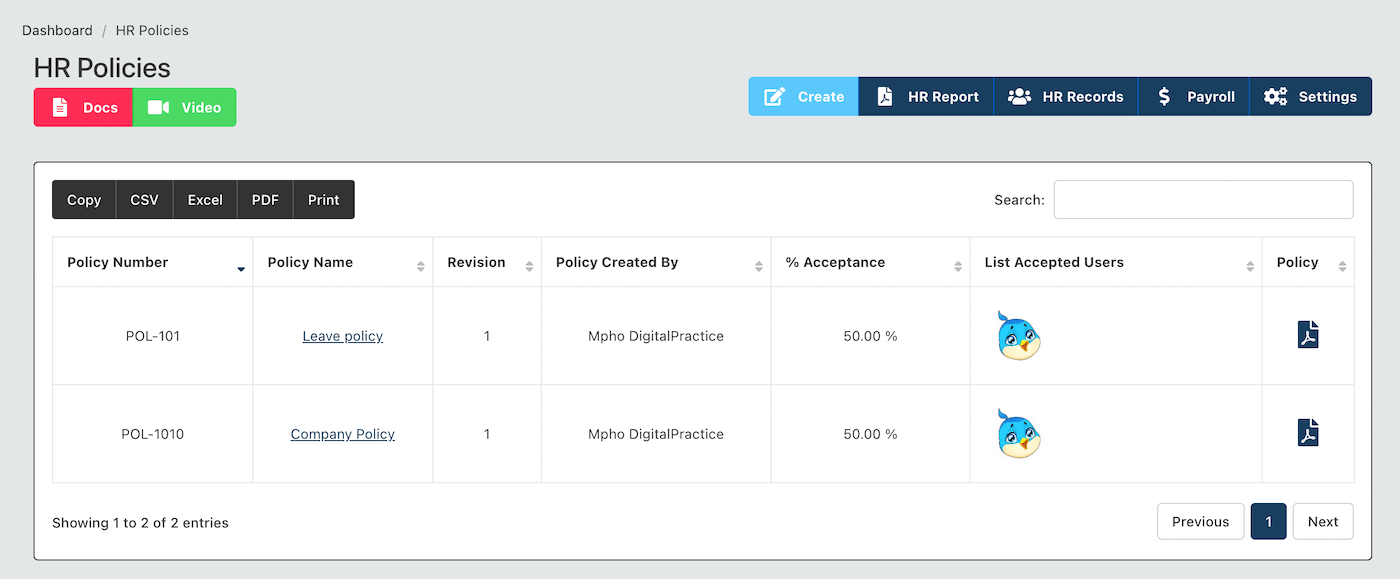 HR Settings Page