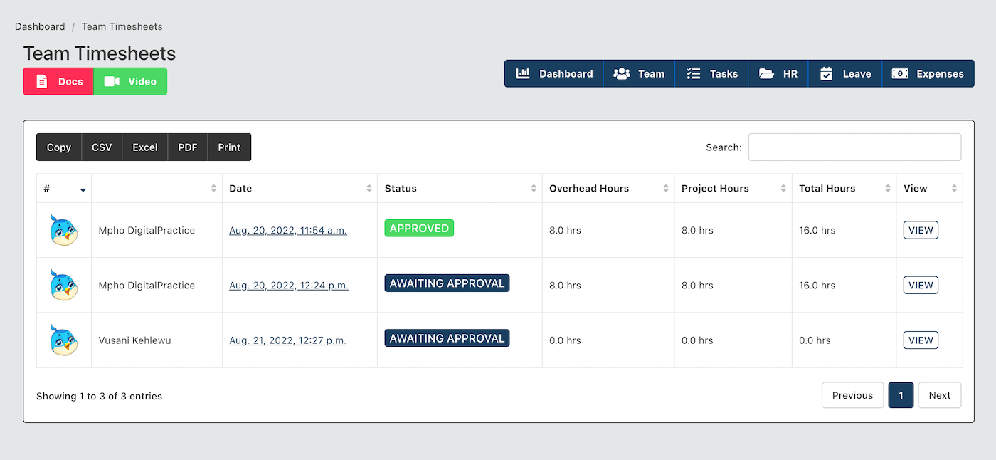 Manager Team Timesheets List