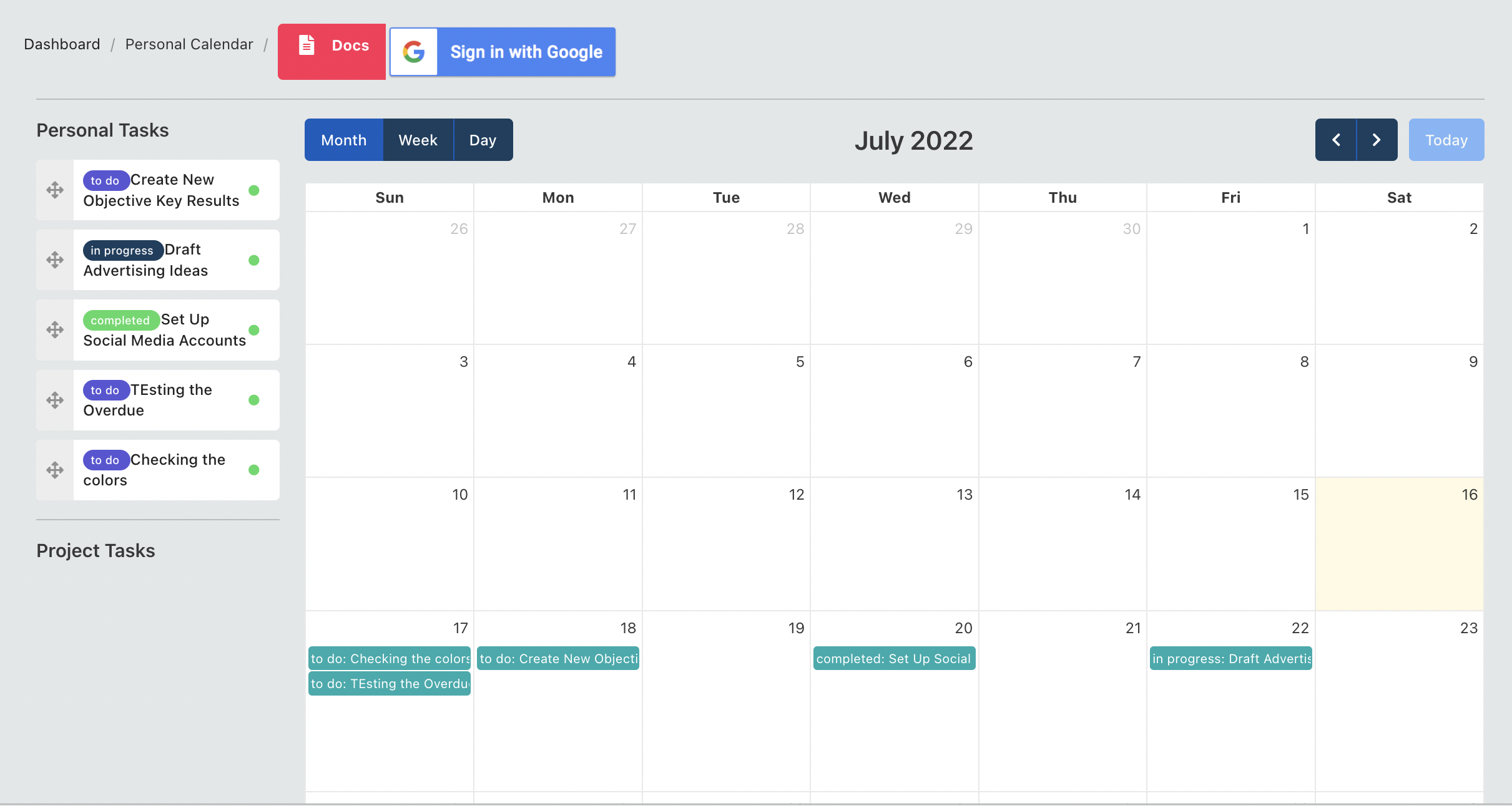 View Personal Calendar Page