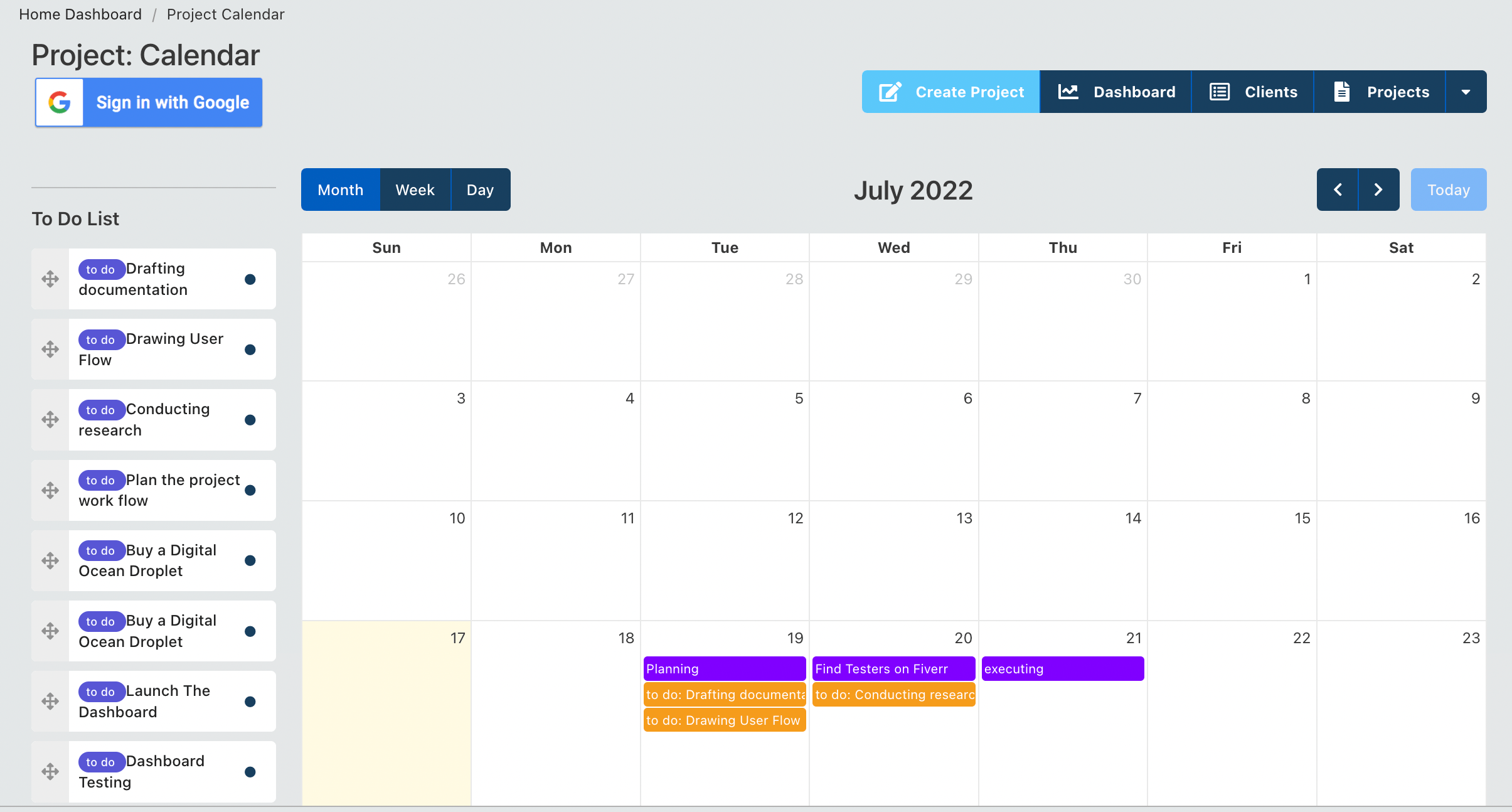 Project Software Calendar View